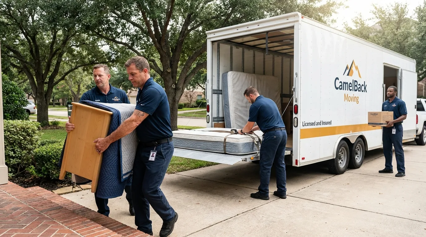 Crew loading residential truck for cross-state move from Cameron, LA