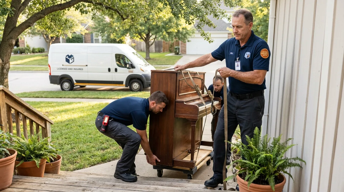 Licensed piano movers securing grand piano in Cameron, LA