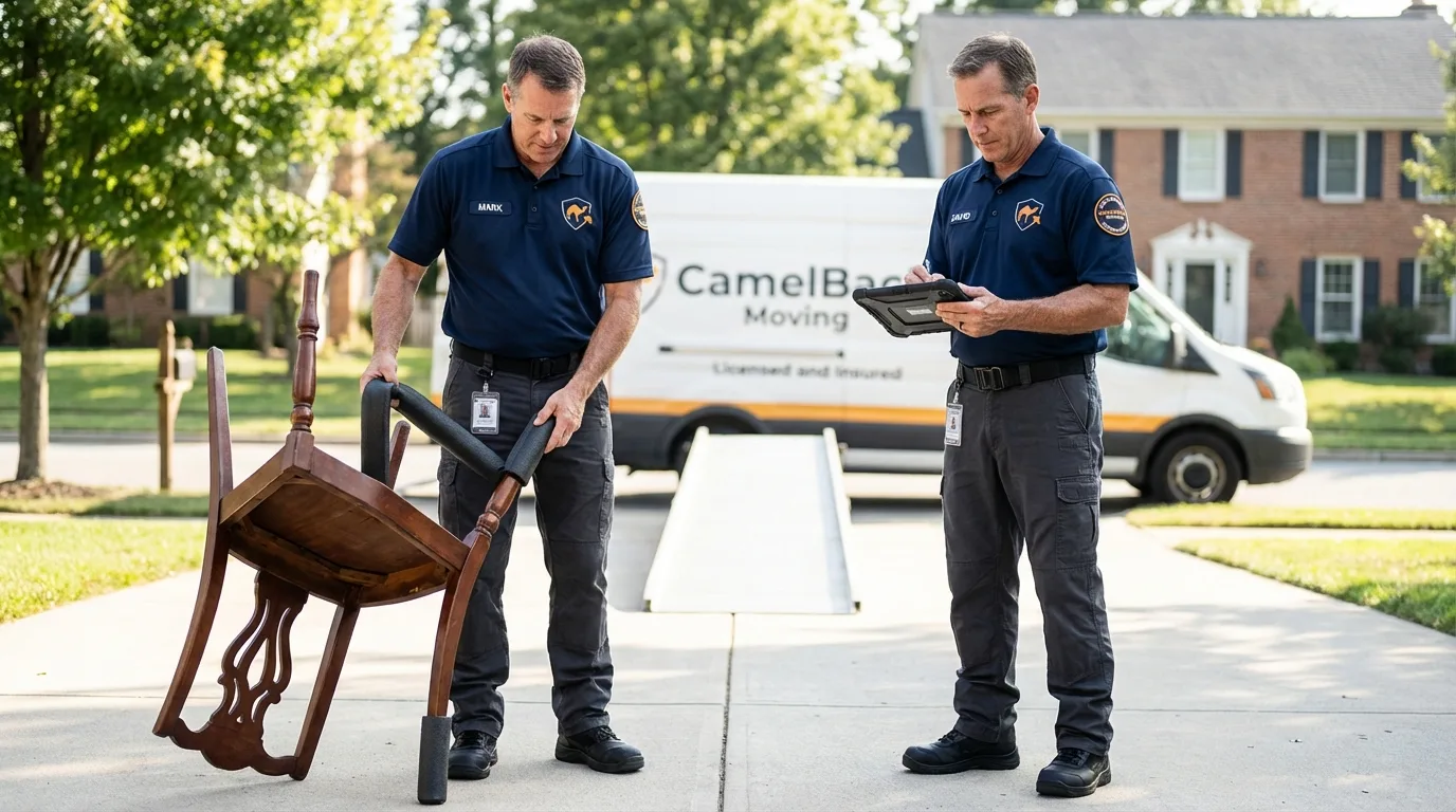 Movers inspecting furniture for damage prevention before loading in Cameron, LA