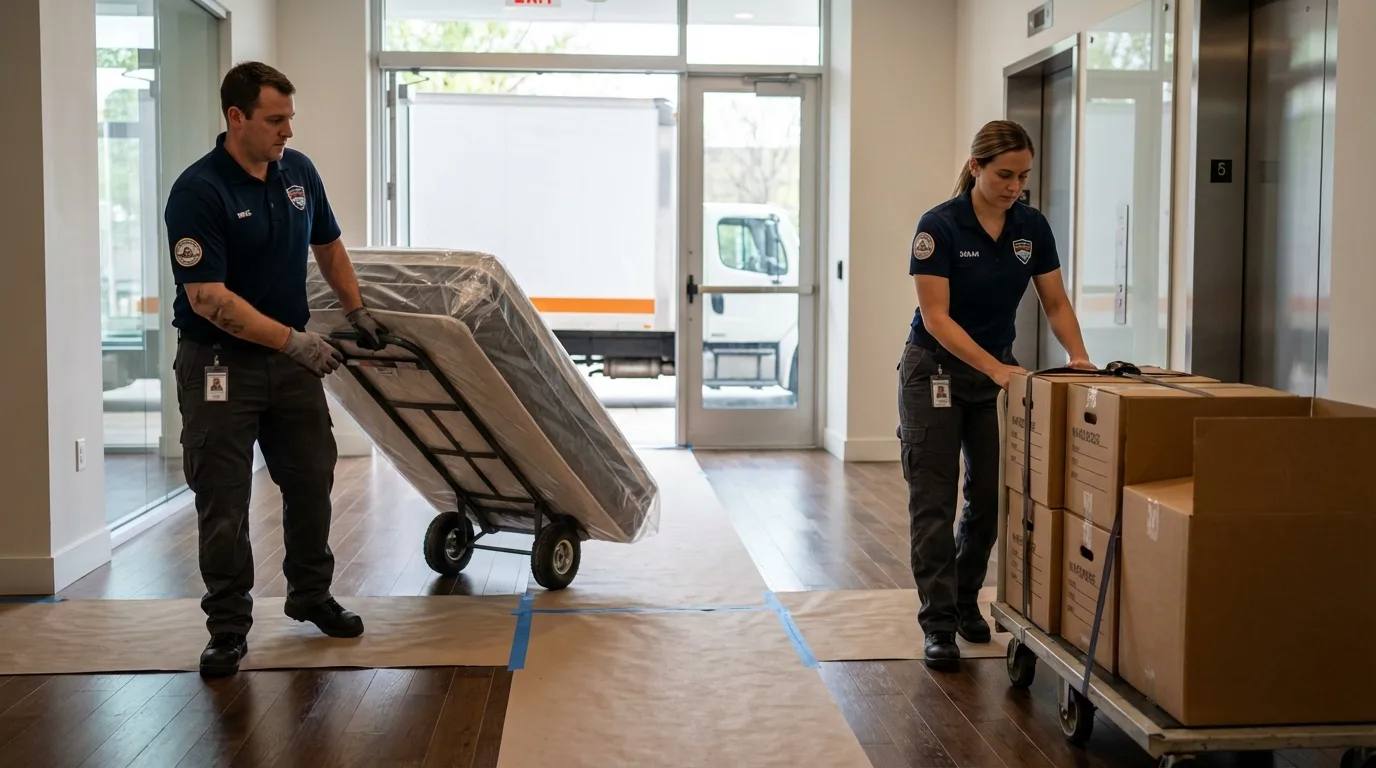 Professional apartment movers loading elevator in Cameron, LA