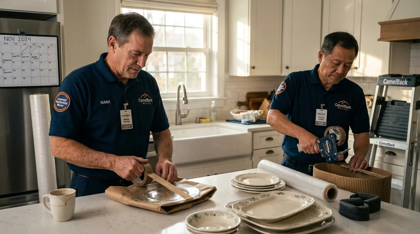Professional crew packing kitchen dishware in Cameron, LA